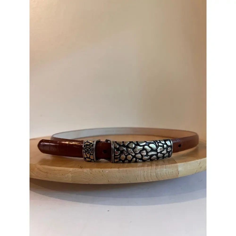 Vintage Lady Cativa Tan Genuine Leather Chunky Silver Buckle Belt Size Medium